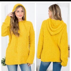 Womens Mustard Yellow Fuzzy Knit Hooded Pullover Sweater W/Drawstring & Long